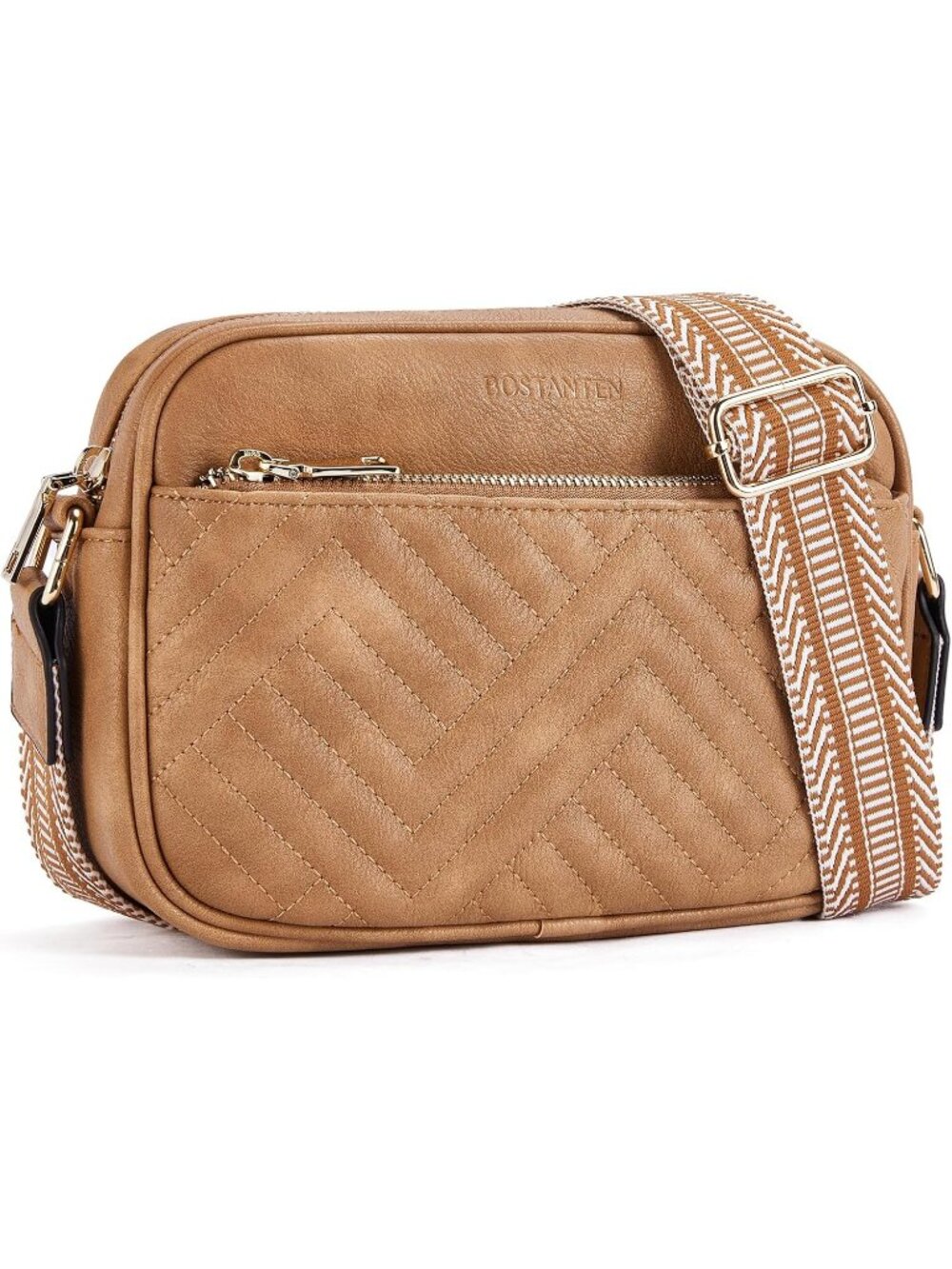 BOSTANTEN Women's Camel Brown Leather Purse Quilted Crossbody Vegan Shoulder Bag